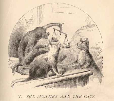 Two cats go to a monkey for justice and lose everything. Old Jataka tale. Can there be a 'honest' broker?