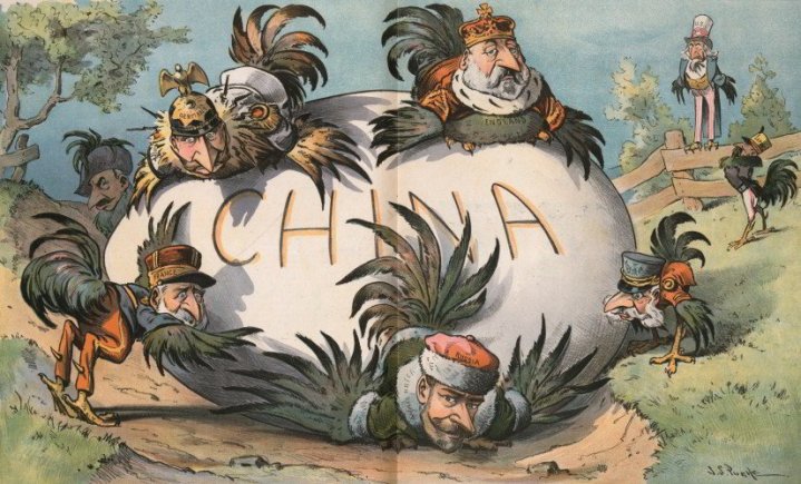A Troublesome Egg to Hatch by J.S. Pughe  |  1901 cartoon as Industrial powers’attempt to exploit China. US & Japan look on.  Image source & courtesy - historytoday.com  |  Click for larger image.