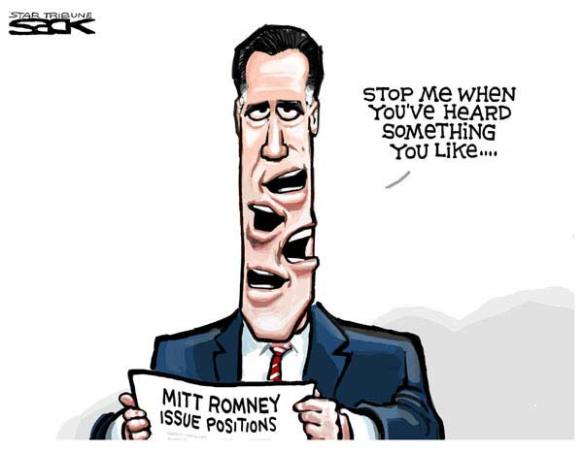 Media and academia make much noise, speaking in contradictions  |  Steve Sack’s Cartoon for 2008 election lampooning Mitt Romney on June 25, 2007; image source and courtesy - cagle.com  |  Click for image
