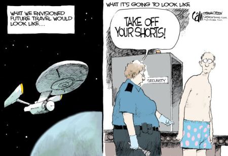 TSA seems to be getting away with the most intrusive body search by any agency in the world  |  Future Travel by Cameron Cardow editorial; cartoonist for the Ottawa Citizen;  Dec 14 2010.