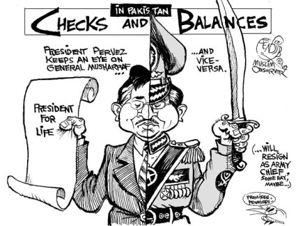 A schizoid Pakistan! Torn between military, rich landlords, regressive clerics, and a cynical US.  |  Two Musharrafs cartoon by Bendib on Saturday, October 13, 2007