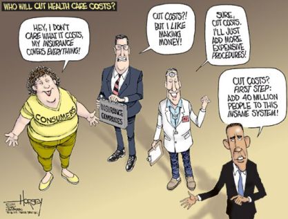 Who will cut health care costs? For instance in the US, the majority wants the State to increase its powers!  |  Cartoonist - David Horsey; Originally published on August 24, 2009; courtesy - sfgate.com  |  Click for larger image.