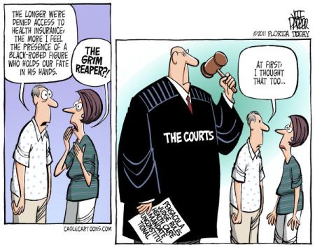 There are widespread expectations that the US Sureme Court may uphold a legal challenge to the latest Government proposal, on a rather simple count of a complexity.  |  Cartoon titled Death and Politics By Parker, Florida Today  -  2/2/2011 12:00:00 AM